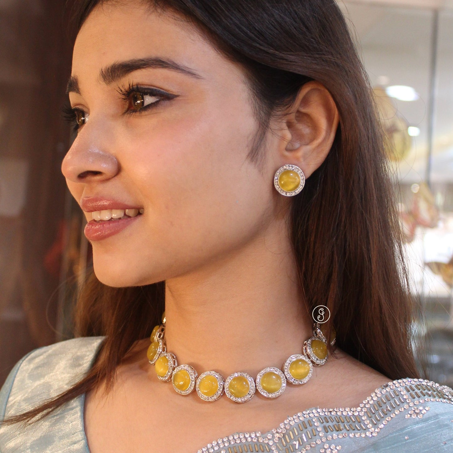 Stunning Yellow Monalisa Stones Studded Choker Set