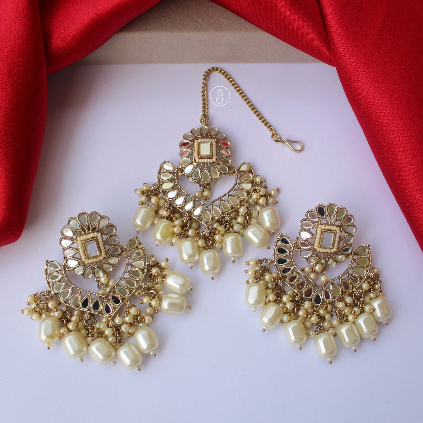 Classic Ivory Mirror Work Earrings & Tika Set