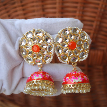 Orange & Pink Kundan Embellished Jhumki