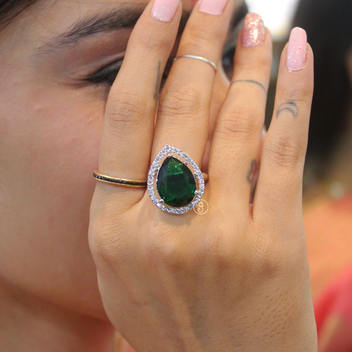 Emerald Green Diamond Studded Adjustable Ring