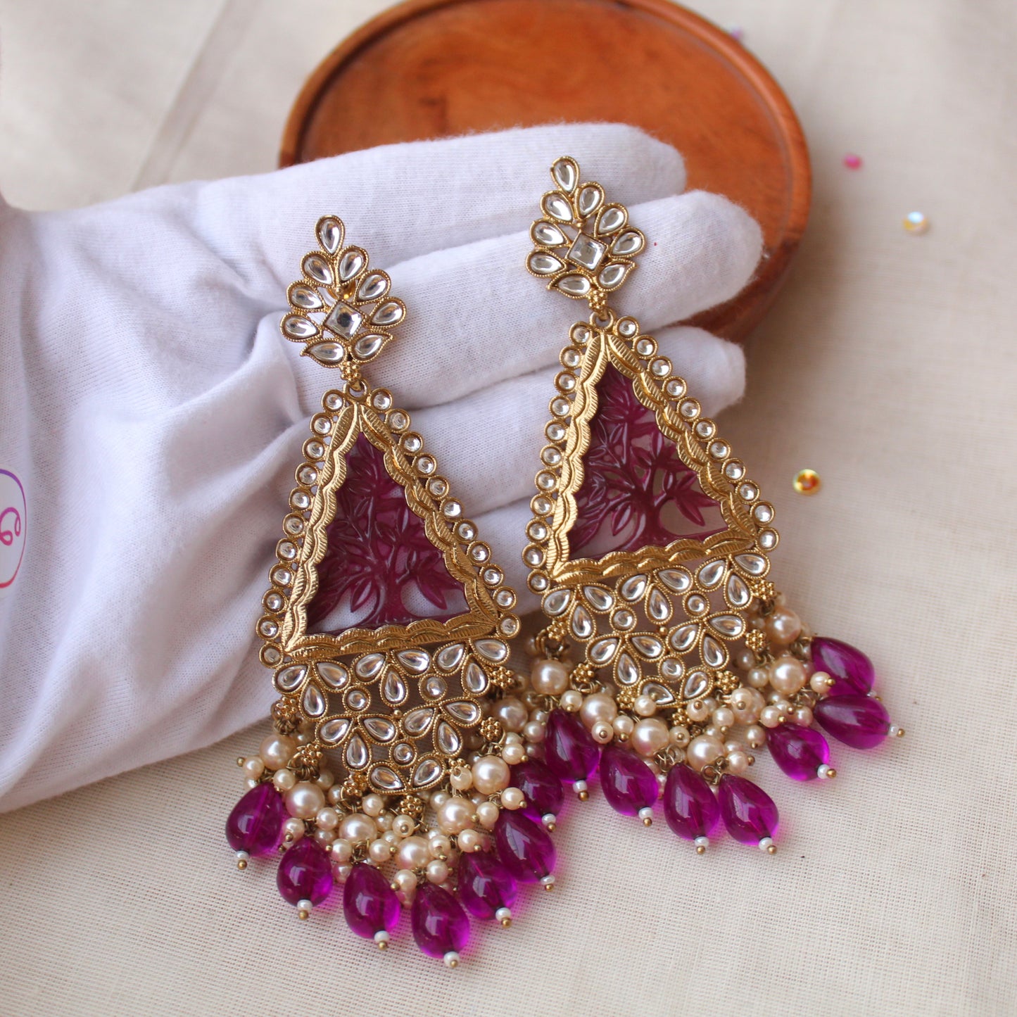 Classic Purple Carvings & Kundan Work Long Earrings