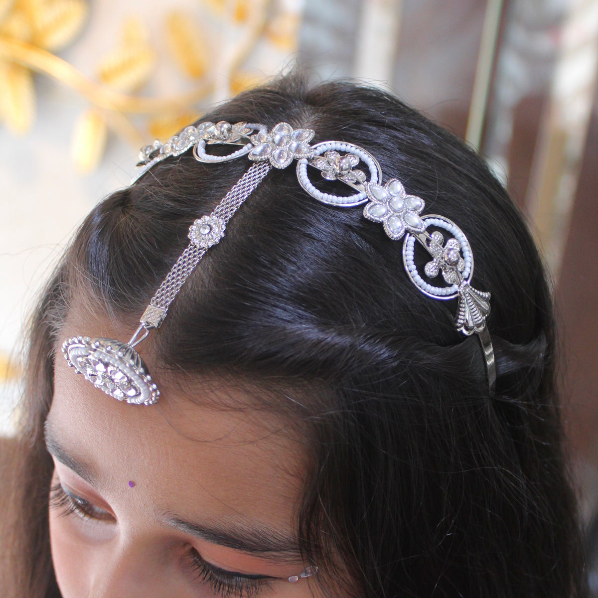 Silver-Toned Floral Headband with Attached Borla
