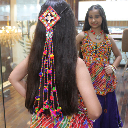 Vibrant Mirror Work & Pom-Pom Hair Brooch Clip