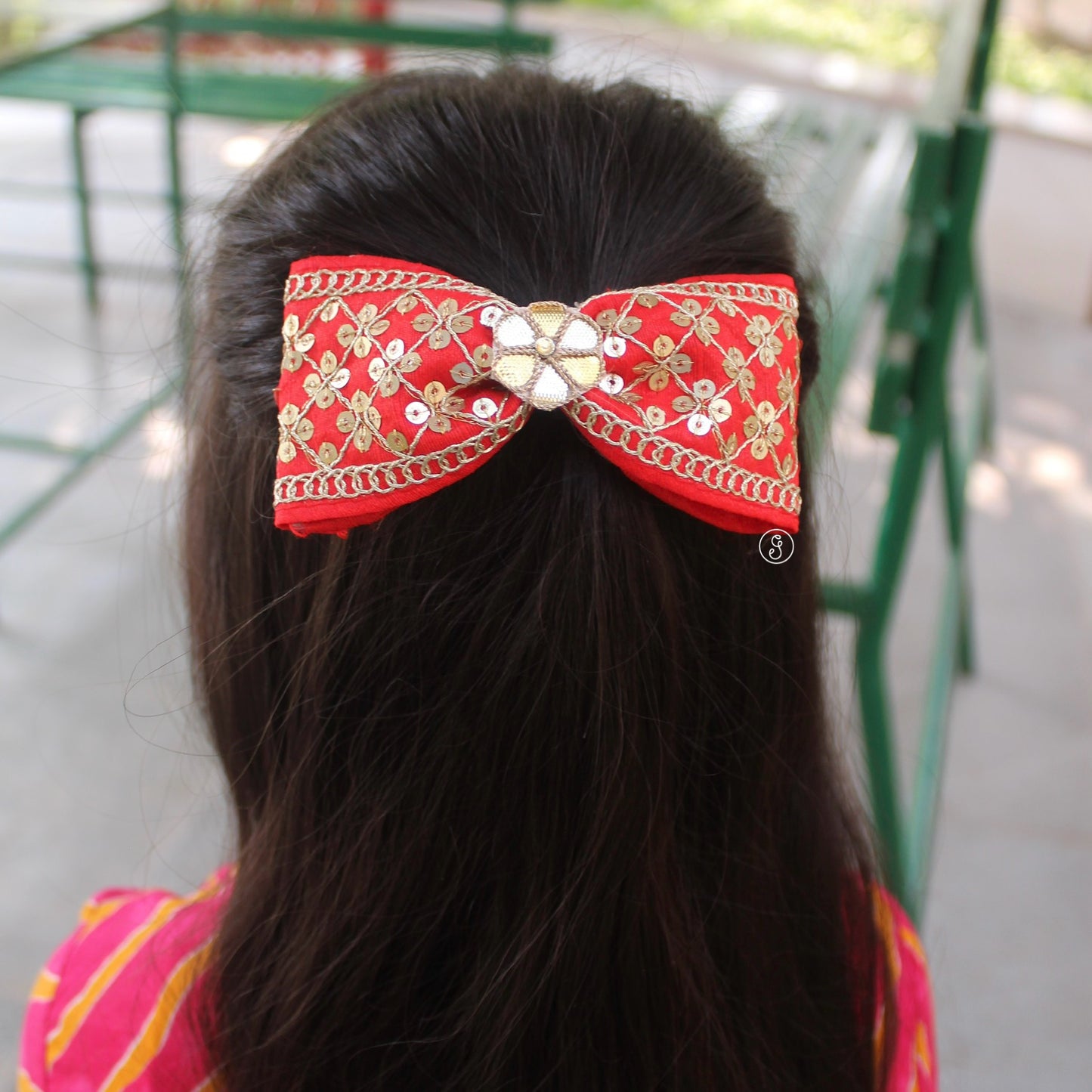 Red Sequin Ethnic Hair Bow Buckle