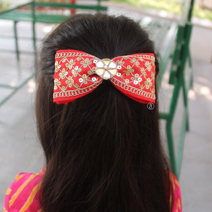 Red Sequin Ethnic Hair Bow Buckle