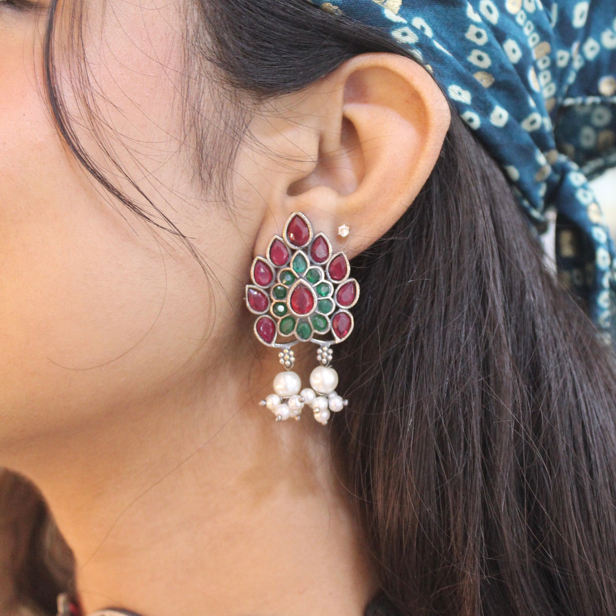 Ruby & Green Stones Oxidised Silver Choker Set