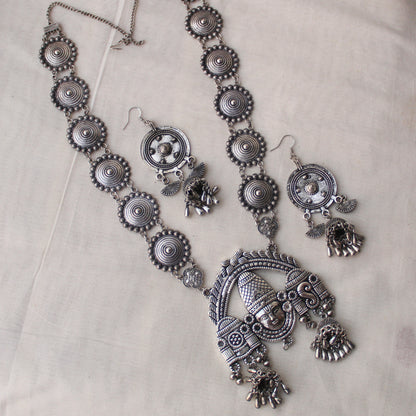 Divine Tirupati Motif Oxidised Silver Long Set