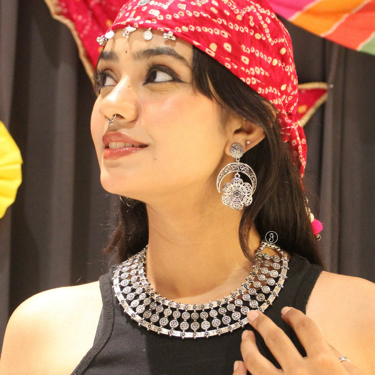 Classic Engraved Oxidised Silver Necklace & Earrings Set