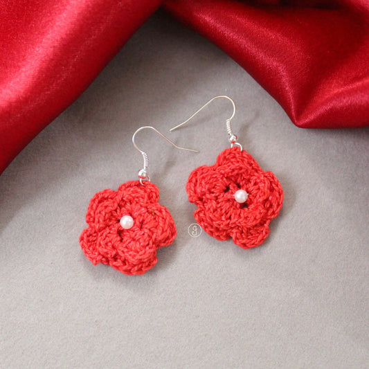Elegant Flower Design Red Crochet Earrings