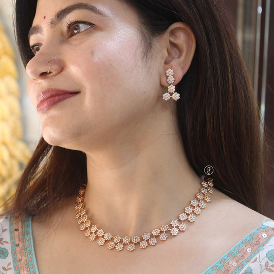 Rose Gold CZ Floral Necklace Set