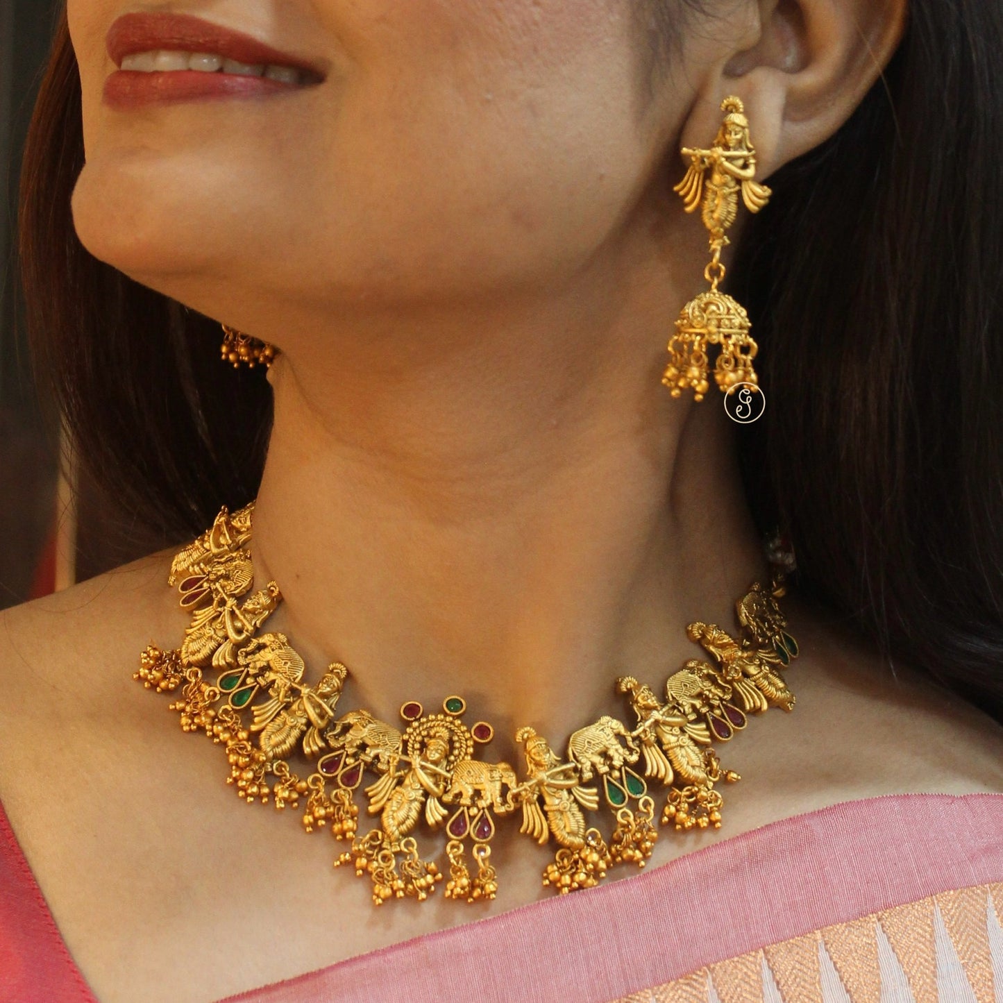 Divine Krishna Motif Temple Necklace Set