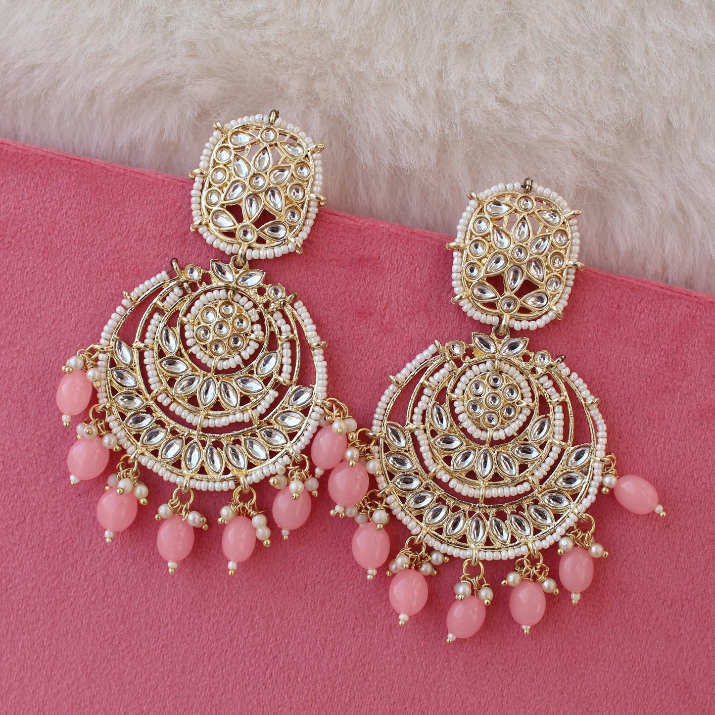 Baby Pink Kundan & Beads Embellished Earrings