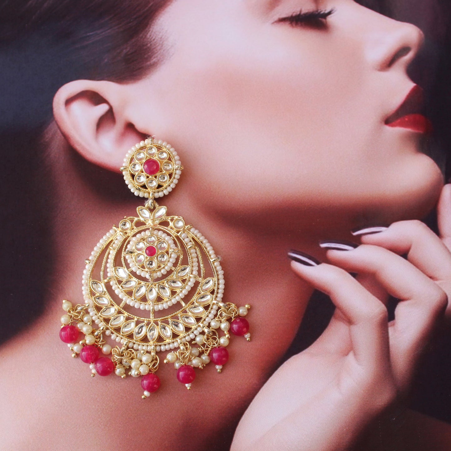 Pretty Pink Kundan & Beads Embellished Earrings