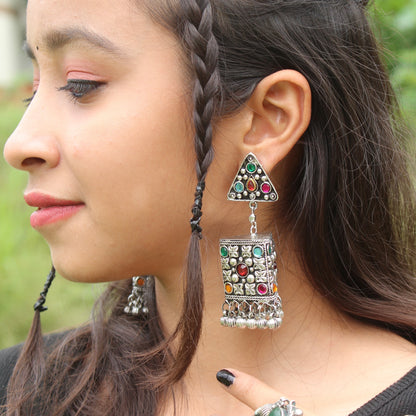 Unique Triangle Design Oxidised Silver Jhumki