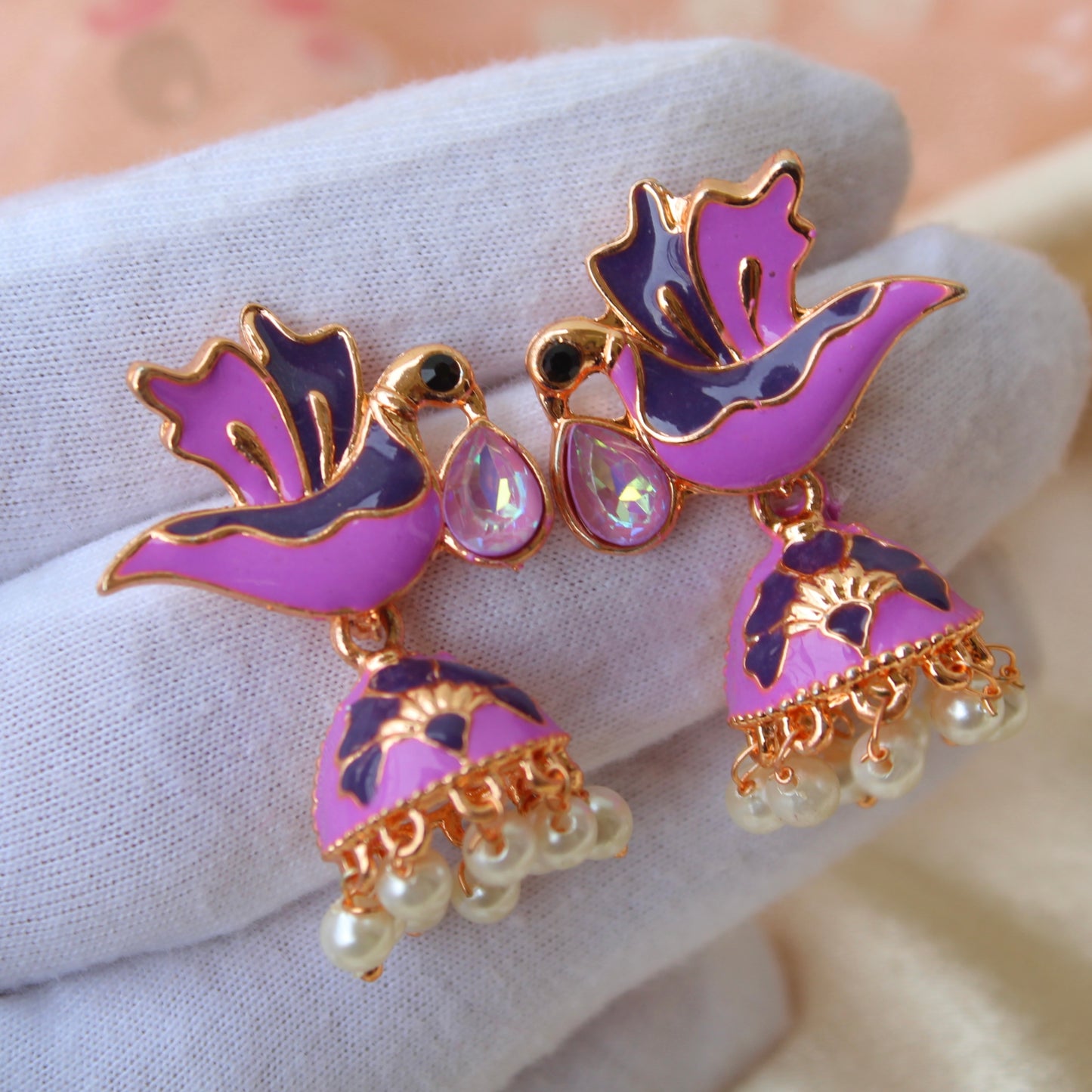 Lilac Bird Design Mini Meenakari Jhumki