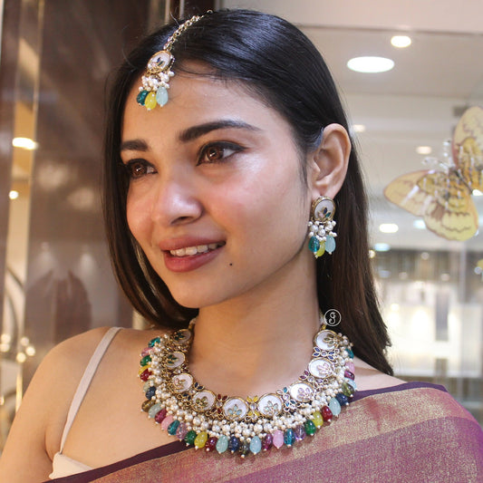 Classic Multicoloured Necklace Set With Tika