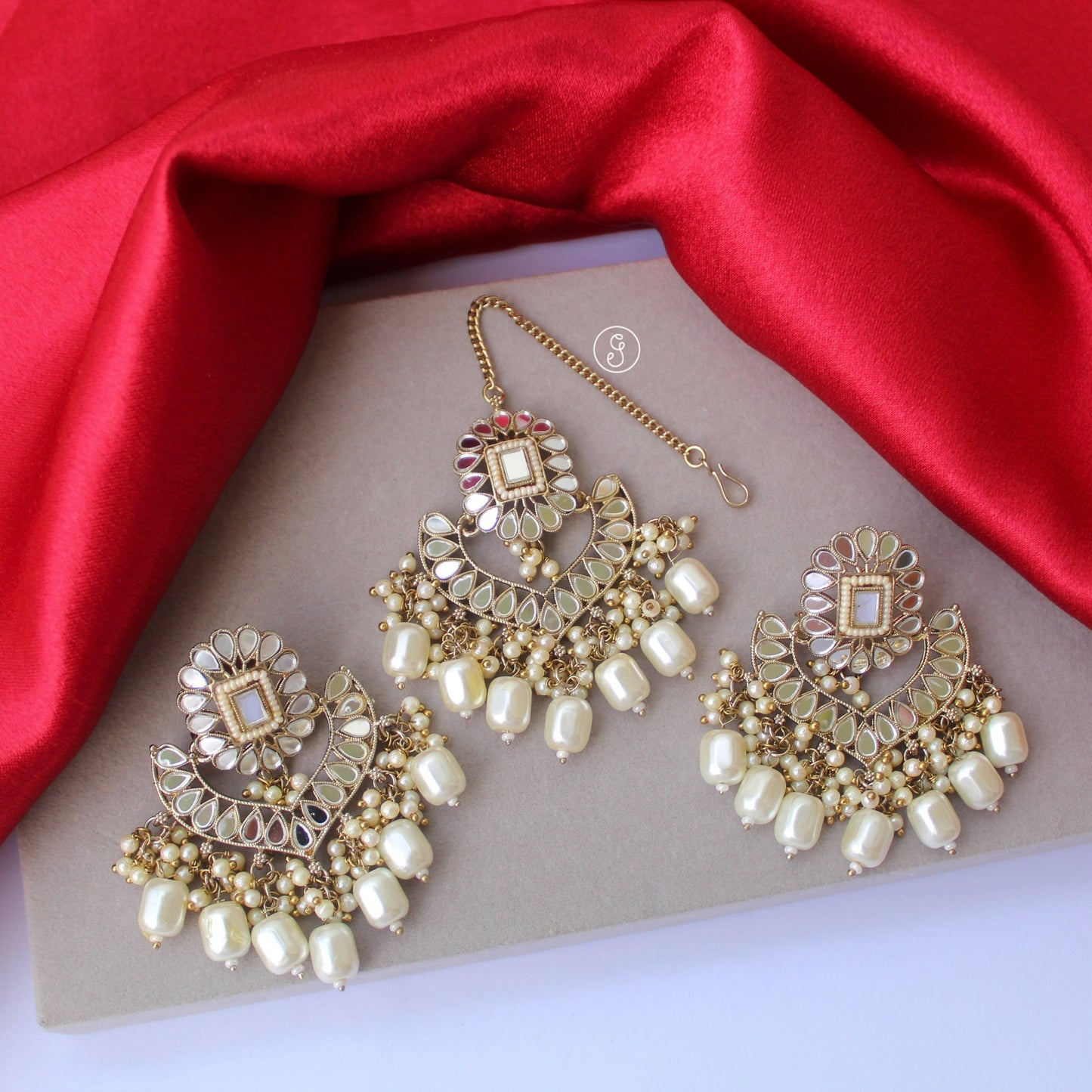 Classic Ivory Mirror Work Earrings & Tika Set