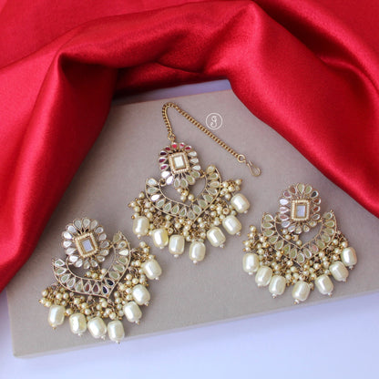 Classic Ivory Mirror Work Earrings & Tika Set