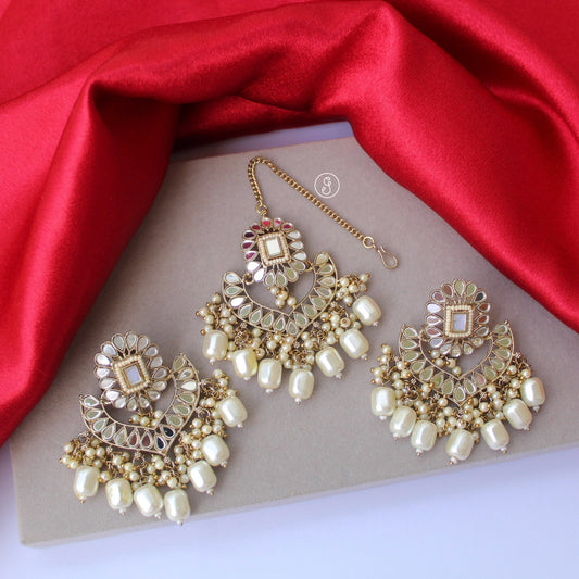 Classic Ivory Mirror Work Earrings & Tika Set