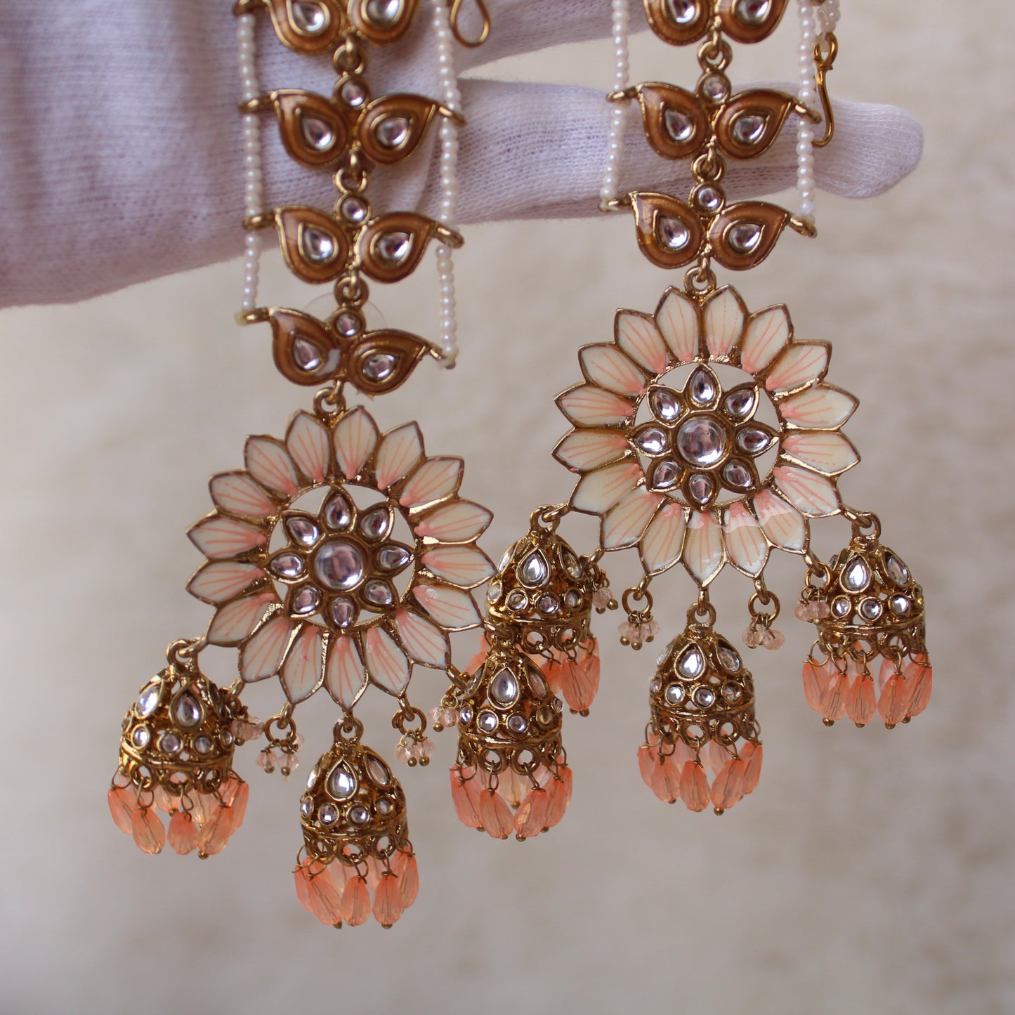 Peach Floral Ethnic Earrings With Earchains