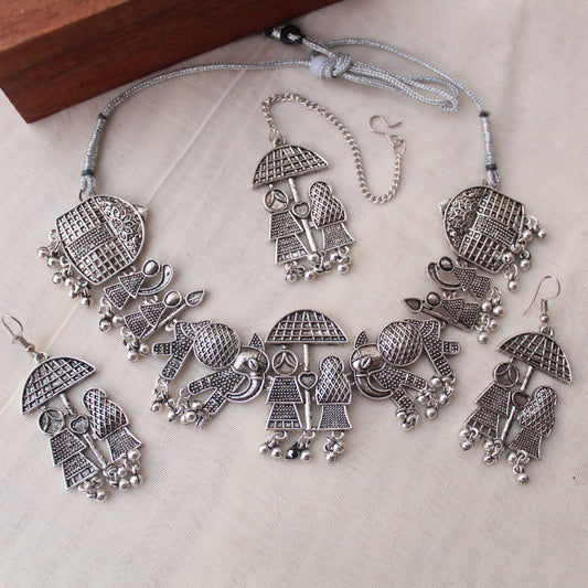 Oxidised Silver Necklace, Earrings & Tika Set