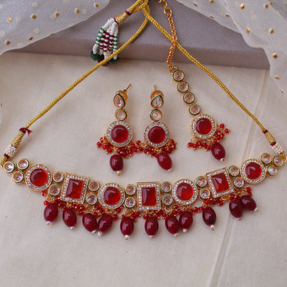 Radiant Red Monalisa Stones Necklace Set