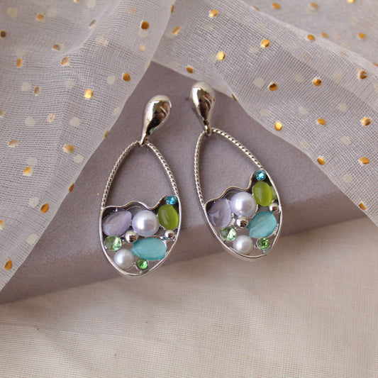Silver-Toned Wave Earrings with Multicolour Stones