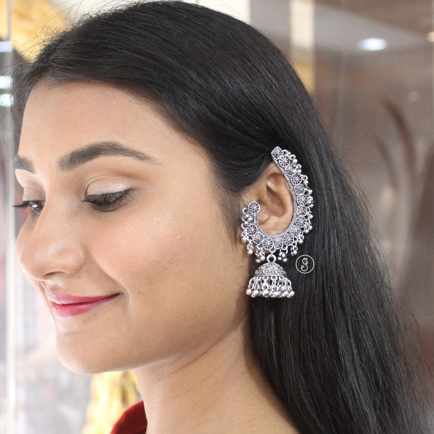 Stunning Oxidised Silver Ear-Cuff Jhumki Earrings