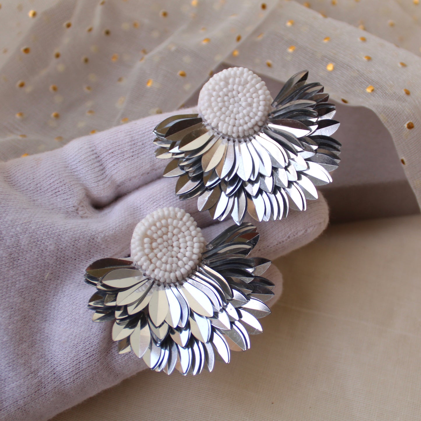 Silver Feather Pattern Beaded Earrings