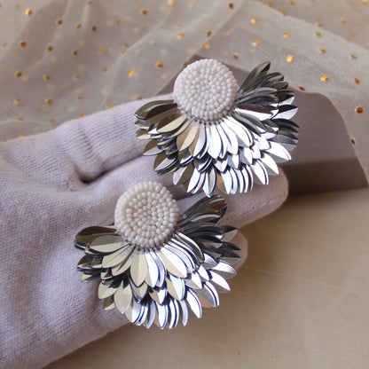 Silver Feather Pattern Beaded Earrings