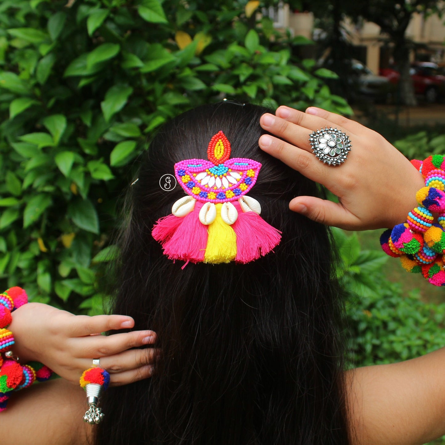 Beautiful Multicoloured Beaded Diya Hair-Clip