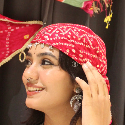 Pink Cotton Bandhani Bandana with Tassels & Charms