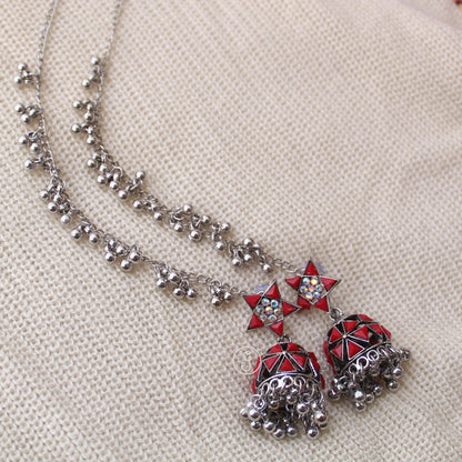 Red Oxidised Silver Jhumki With Ear-chain