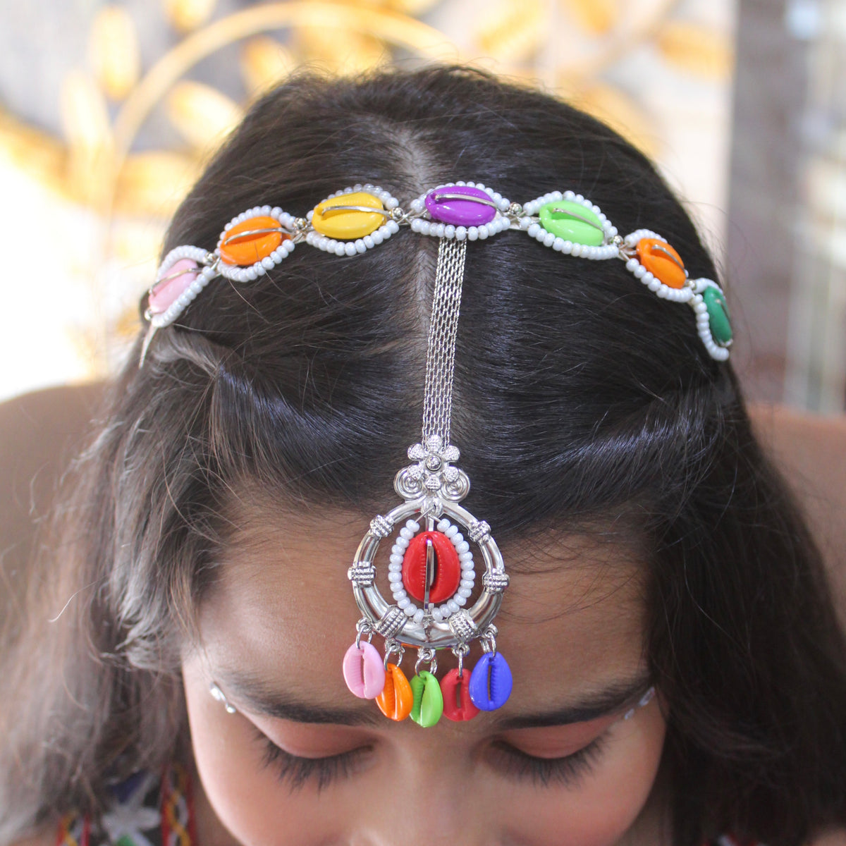 Multicolor Shell work Silver-Toned Headband with Tika
