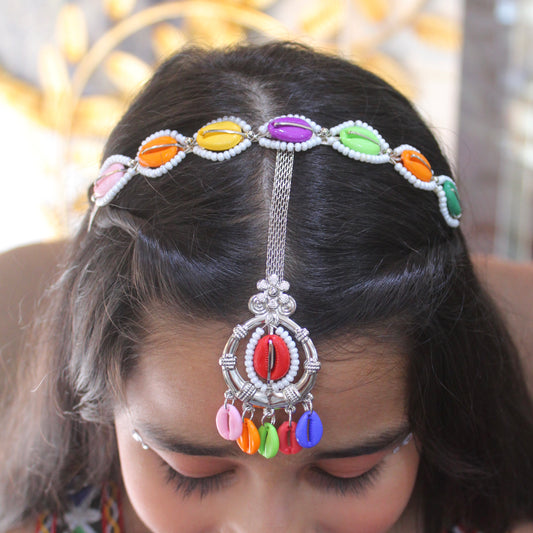 Multicolor Shell work Silver-Toned Headband with Tika
