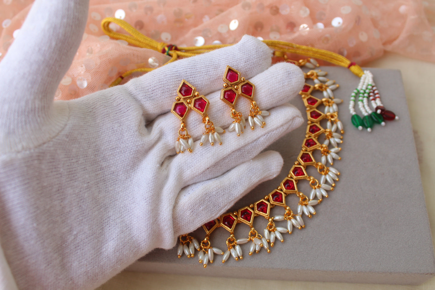 Ruby Stones & Pearls Embedded Necklace Set