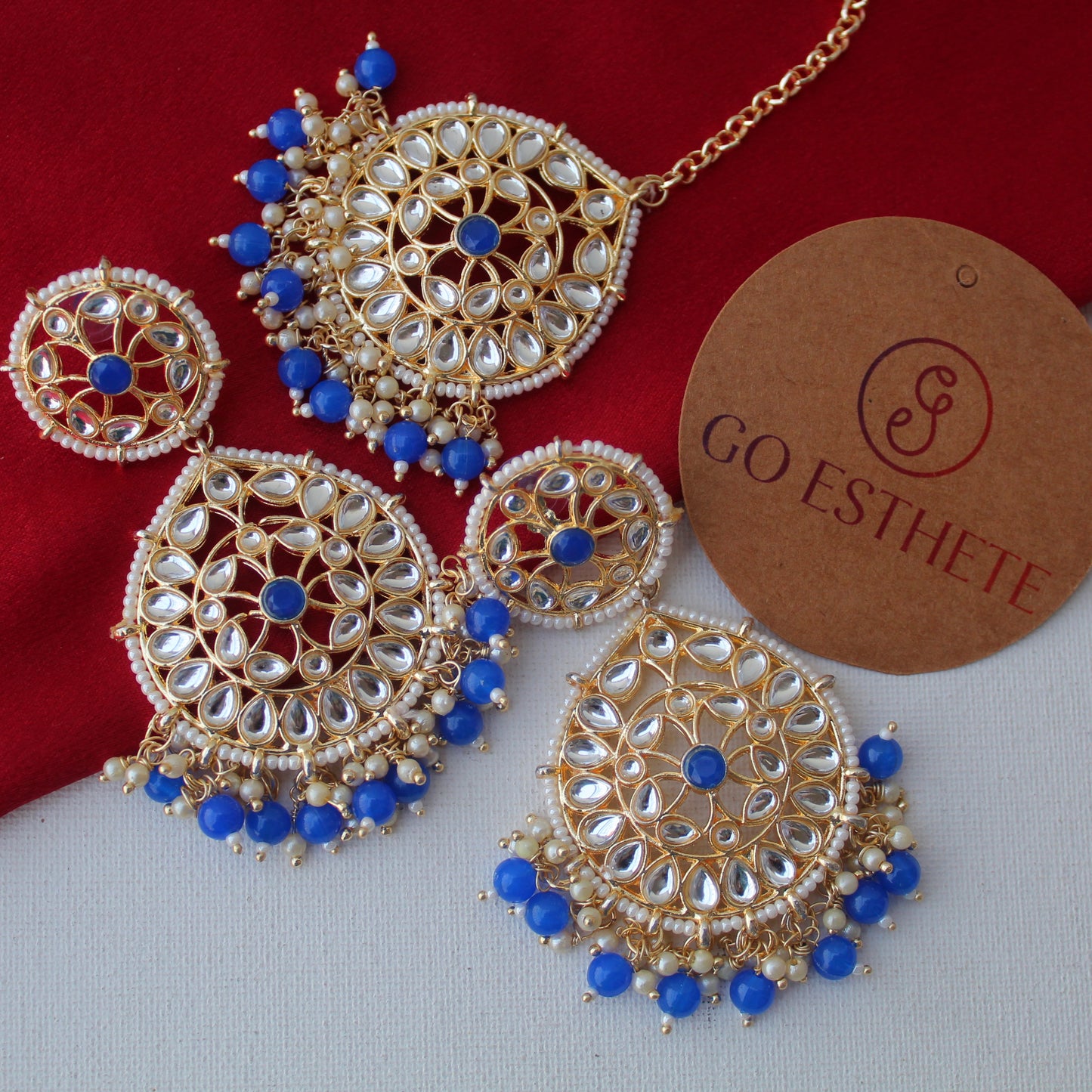 Blue Chandbali Earrings With Tika