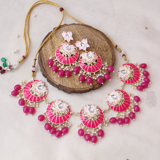 Hot Pink Lotus Design Meenakari Necklace Set