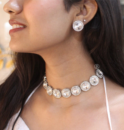 Diamond Stone Silver-Toned Choker Necklace Set