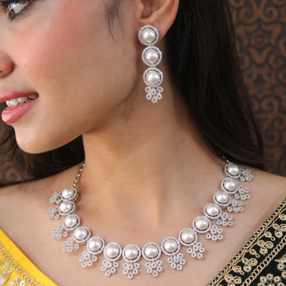 Classy White Pearls & Diamonds Work Necklace Set