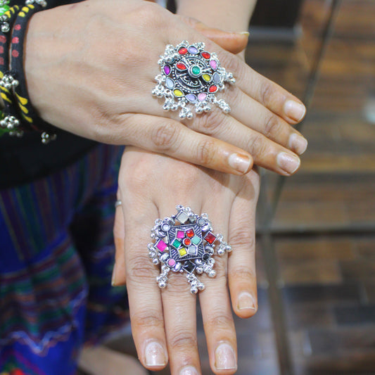 Oxidised Silver Multicoloured Adjustable Finger Rings (Set of 2)