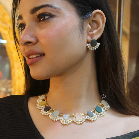Pastel Natural Stone & Pearl Brass Necklace Set