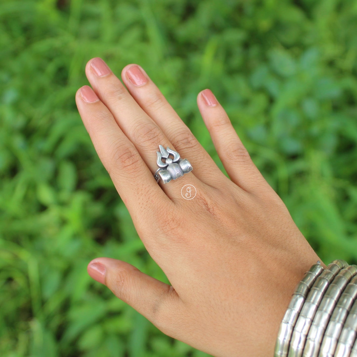 Trishul Design Oxidised Silver Adjustable Ring