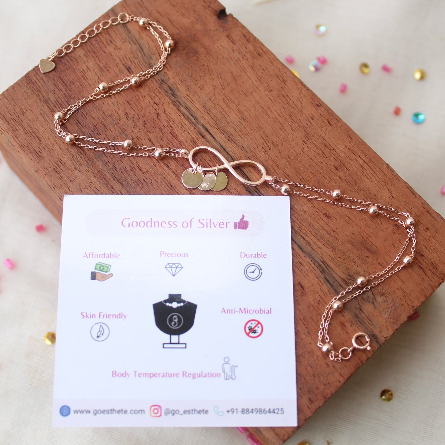 92.5 Pure Silver Rose Gold Infinity Anklet