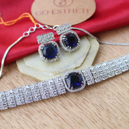 Blue & Silver Cz Diamonds Choker Necklace Set