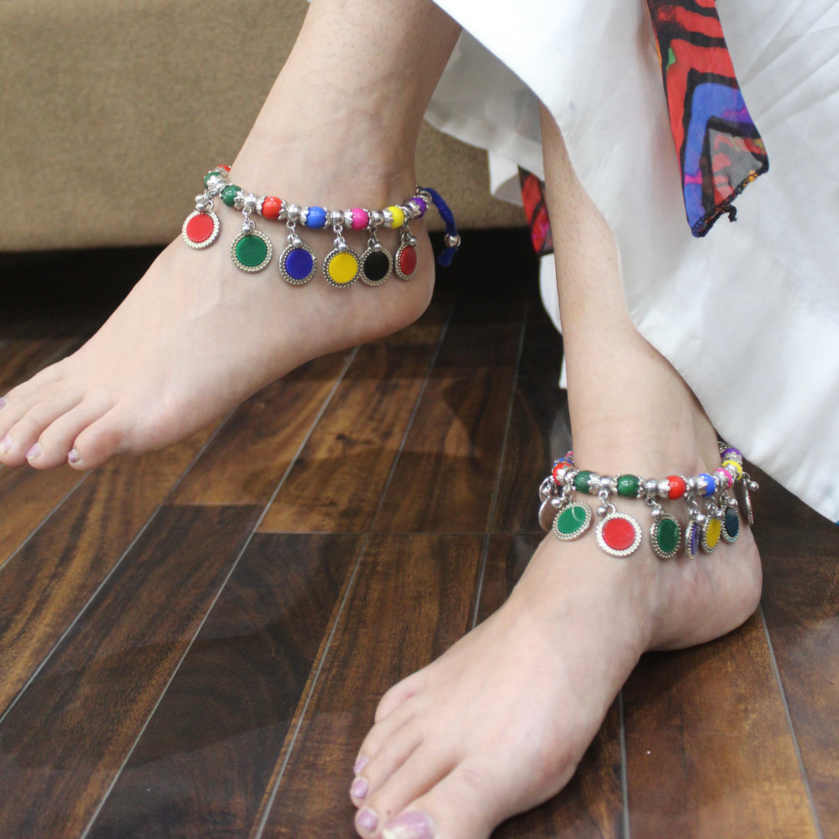 Adjustable Pair of Anklets With Multicoloured Charms