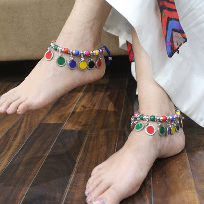 Adjustable Pair of Anklets With Multicoloured Charms