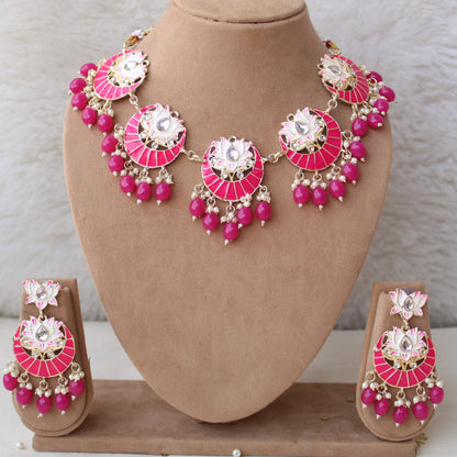 Hot Pink Lotus Design Meenakari Necklace Set