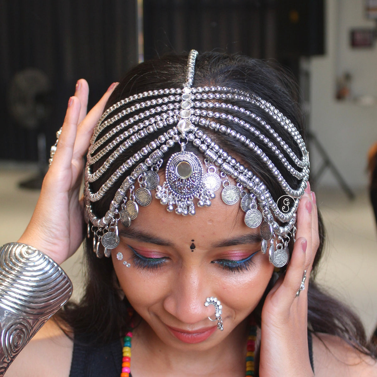 Oxidised Silver Multi Layered Statement Damini Tika