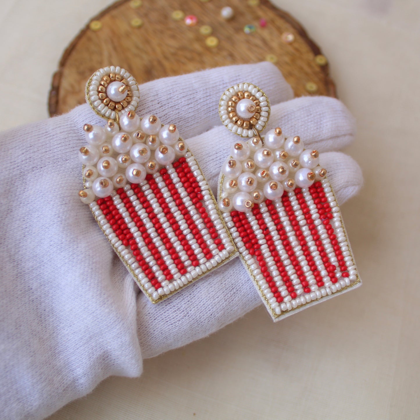 Red & White Beaded Popcorn Design Earrings